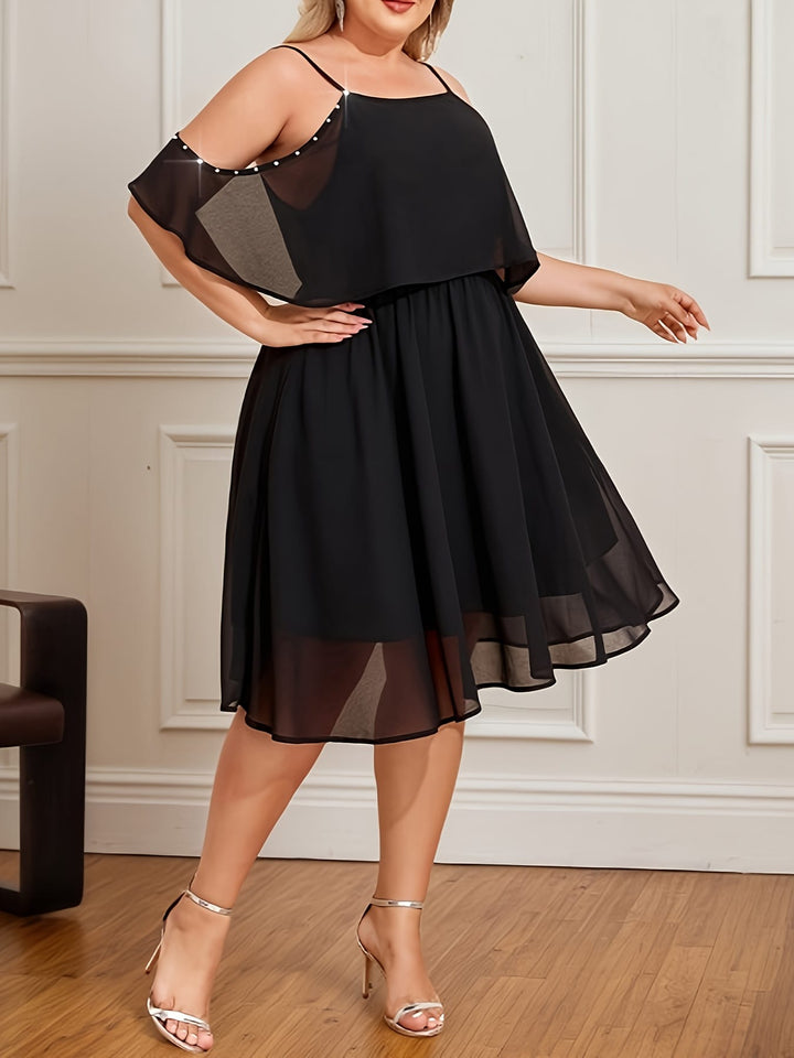 Plus Size Women Beads Chiffon Mini Dress Cold Shoulder Evening Party Swing Dress