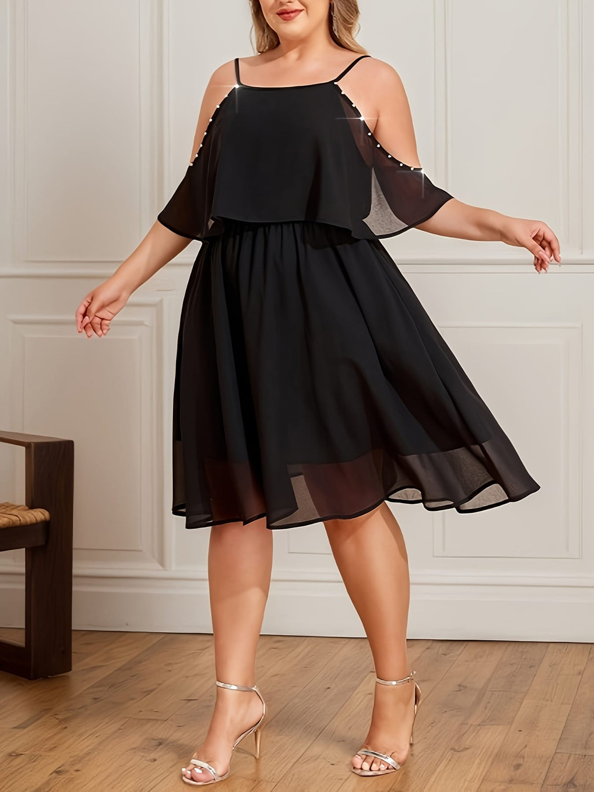 jkthpu-45 Plus Size Women Beads Chiffon Mini Dress Cold Shoulder Evening Party Swing Dress