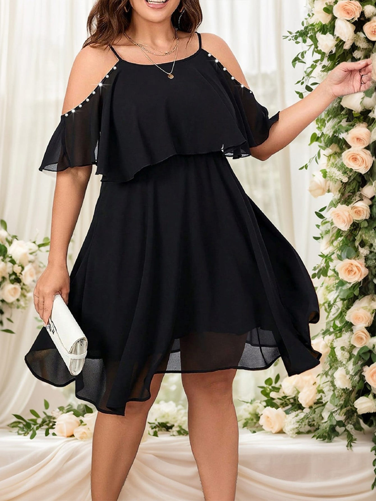 jkthpu-45 Plus Size Women Beads Chiffon Mini Dress Cold Shoulder Evening Party Swing Dress