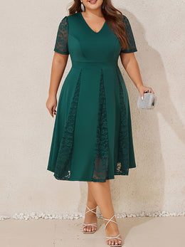jkthpu-45 Plus Size Women Elegant Lace Short Sleeve Midi Dress Ladies V Neck Patchwork Cocktail Dress Wedding Evening Party Swing Dress