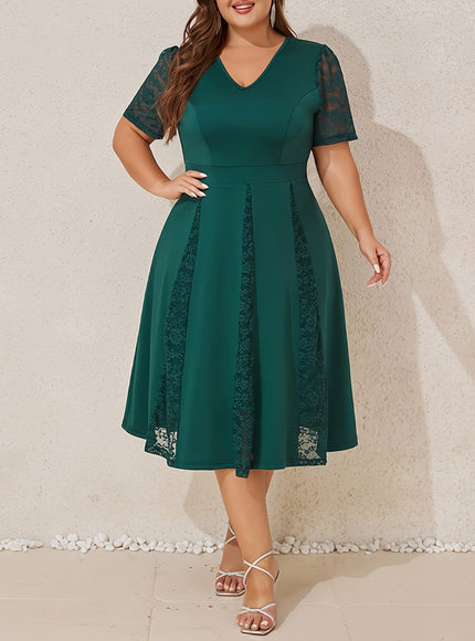 jkthpu-45 Plus Size Women Elegant Lace Short Sleeve Midi Dress Ladies V Neck Patchwork Cocktail Dress Wedding Evening Party Swing Dress