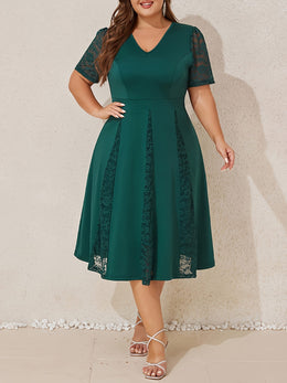 jkthpu-45 Plus Size Women Elegant Lace Short Sleeve Midi Dress Ladies V Neck Patchwork Cocktail Dress Wedding Evening Party Swing Dress