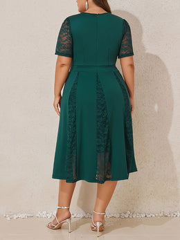 jkthpu-45 Plus Size Women Elegant Lace Short Sleeve Midi Dress Ladies V Neck Patchwork Cocktail Dress Wedding Evening Party Swing Dress