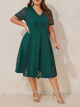 jkthpu-45 Plus Size Women Elegant Lace Short Sleeve Midi Dress Ladies V Neck Patchwork Cocktail Dress Wedding Evening Party Swing Dress