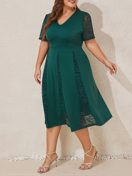 jkthpu-45 Plus Size Women Elegant Lace Short Sleeve Midi Dress Ladies V Neck Patchwork Cocktail Dress Wedding Evening Party Swing Dress