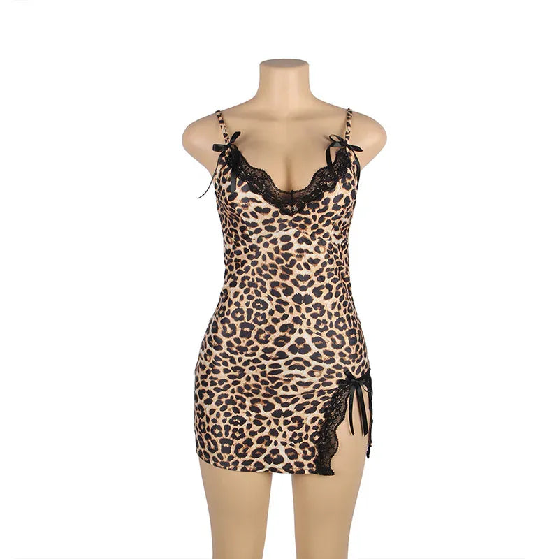 KissICON Plus Size Women Pajama Hot Wild Leopard Long Robe Nightgowns Erotic Sleepwear Sexy Adult  Night Dress Lingerie M-5XL