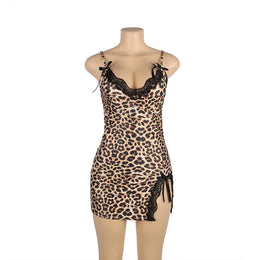 KissICON Plus Size Women Pajama Hot Wild Leopard Long Robe Nightgowns Erotic Sleepwear Sexy Adult  Night Dress Lingerie M-5XL