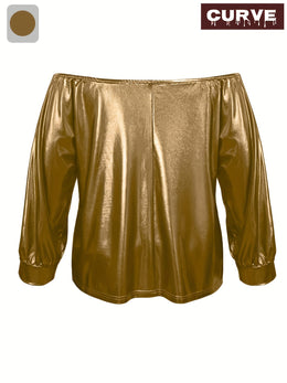 jkthpu-45 Plus Size, Women Plus Size Off Shoulder Solid Glitter Long Sleeve Blouse Elegant Shiny Party Top Casual Work Tunic