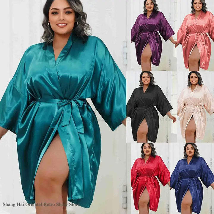 Plus Size Women Robe Half Sleeve Bathrobe Kimono