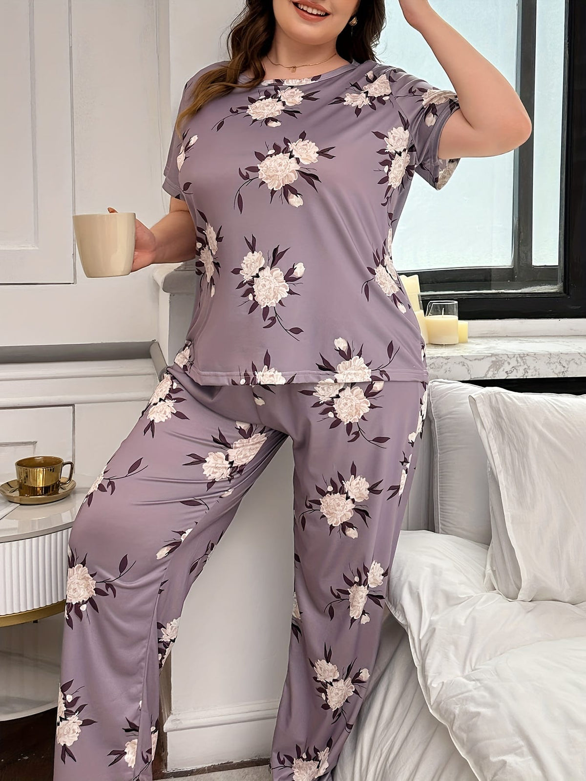 jkthpu-45 Plus Size Women's 2 Piece Cute Pajamas Set