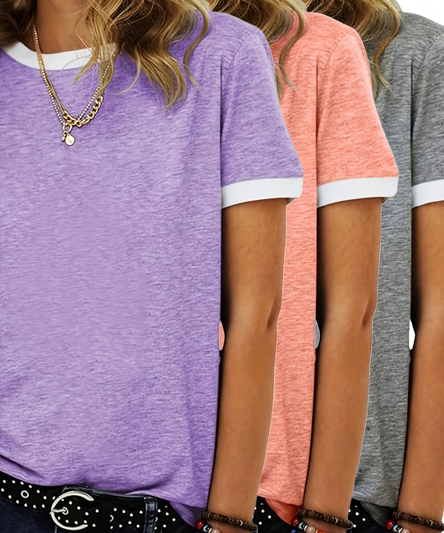KissICON Plus Size Women'S 3pcs Casual T-Shirt Set - Short Sleeve, Round Neck, Stretchy Fabric, Solid Colors (Pink, Gray, Purple), Comfortable & Stylish for Casual Attire, Versatile Clothing | Patchwork Sleeves | Stretchy Fabric