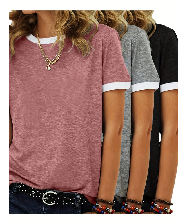 KissICON Plus Size Women'S 3pcs Casual T-Shirt Set - Short Sleeve, Round Neck, Stretchy Fabric, Solid Colors (Pink, Gray, Purple), Comfortable & Stylish for Casual Attire, Versatile Clothing | Patchwork Sleeves | Stretchy Fabric