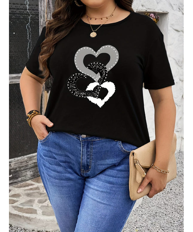 KissICON Plus Size Women's Black Casual T-Shirt - Heart & Glitter Heart Design, Stretchy Round Neck Short Sleeve Top for Spring/Summer, Machine Washable, Everyday Comfort Tee, Relaxed Fit Tee, Nontransparent Material