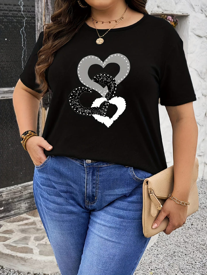 Plus Size Women's Black Casual T-Shirt - Heart & Glitter Heart Design, Stretchy Round Neck Short Sleeve Top for Spring/Summer, Machine Washable, Everyday Comfort Tee, Relaxed Fit Tee, Nontransparent Material
