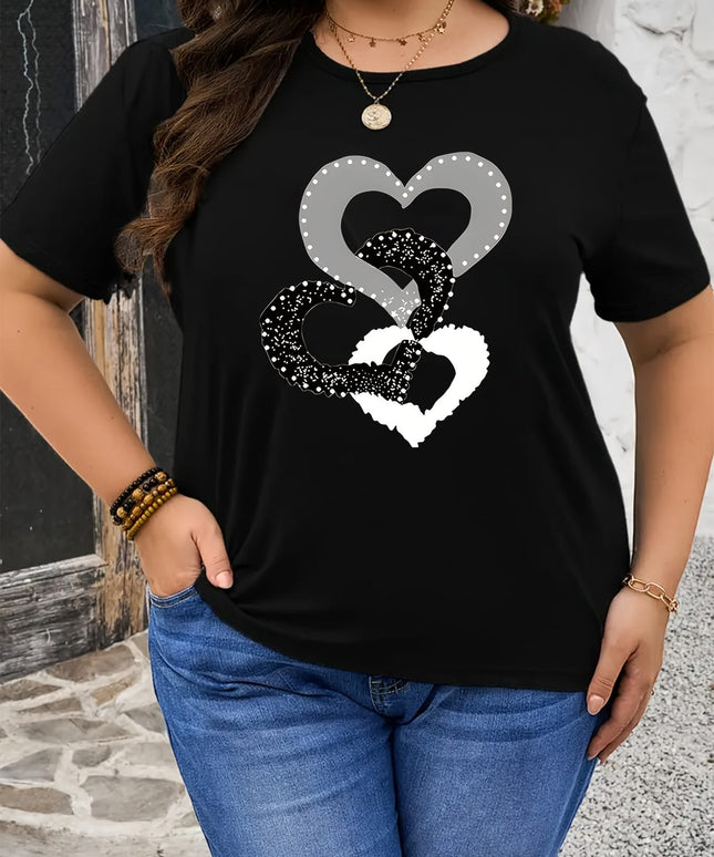 KissICON Plus Size Women's Black Casual T-Shirt - Heart & Glitter Heart Design, Stretchy Round Neck Short Sleeve Top for Spring/Summer, Machine Washable, Everyday Comfort Tee, Relaxed Fit Tee, Nontransparent Material