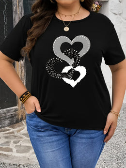 KissICON Plus Size Women's Black Casual T-Shirt - Heart & Glitter Heart Design, Stretchy Round Neck Short Sleeve Top for Spring/Summer, Machine Washable, Everyday Comfort Tee, Relaxed Fit Tee, Nontransparent Material