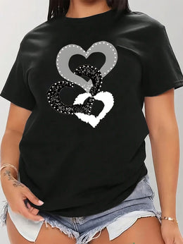 KissICON Plus Size Women's Black Casual T-Shirt - Heart & Glitter Heart Design, Stretchy Round Neck Short Sleeve Top for Spring/Summer, Machine Washable, Everyday Comfort Tee, Relaxed Fit Tee, Nontransparent Material