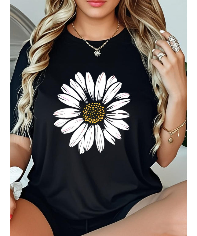 KissICON Plus Size, Women's Black Floral Print T-Shirt - Elegant Casual Chic Tee with White Floral Pattern, Relaxed Fit Round Neck Top for Everyday & Formal Outfits, Machine Washable Shirt for Women, Summer Outfit, Chic Style, Medium