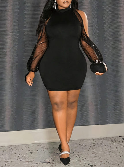 jkthpu-45 Plus Size Women'S Black High Neck Elegant Fitted Mini Dress with Puff Sleeves, Polyester Knit Fabric, 20g/m², All-Season Solid Color