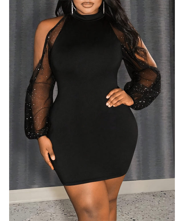 jkthpu-45 Plus Size Women'S Black High Neck Elegant Fitted Mini Dress with Puff Sleeves, Polyester Knit Fabric, 20g/m², All-Season Solid Color