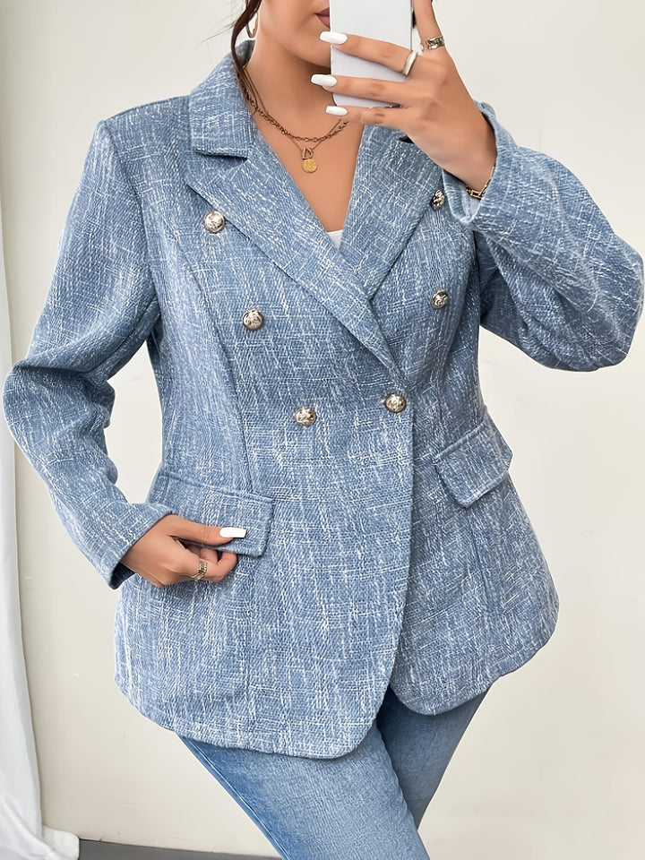 Plus Size, Women's Blazer Jacket - Elegant Notch Lapel Double-Breasted coat, Structured Non-Stretch Fabric, All-Season Business & Formal Attire, Office, Wedding, Conference - Mature Professional Outerwear