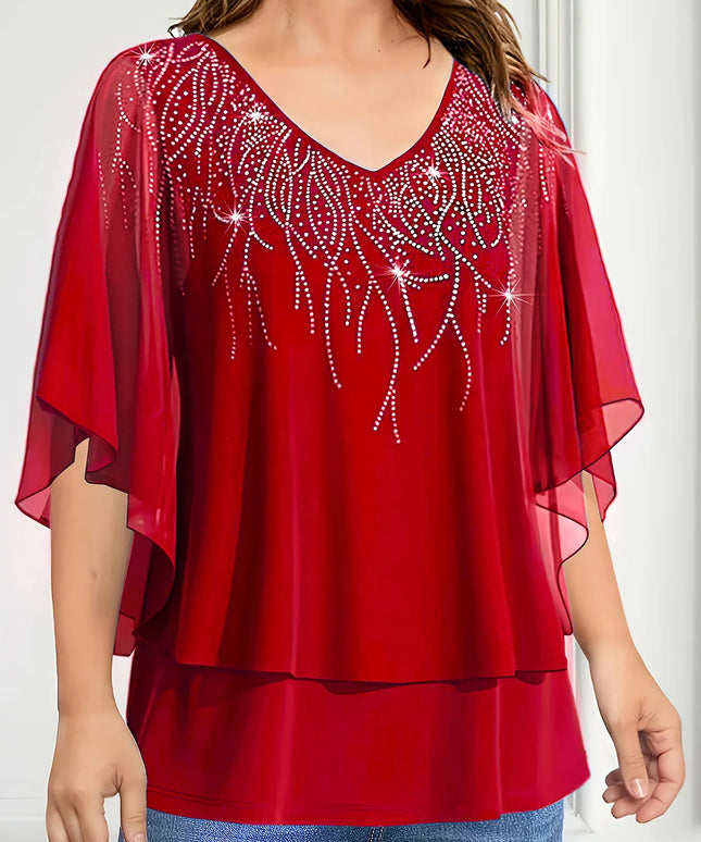 KissICON Plus Size Women's Blouse V-Neck Pullover Batwing Sleeve Sparkly Layered Shirts Blouse Women'S Clothing Casual Summer Top
