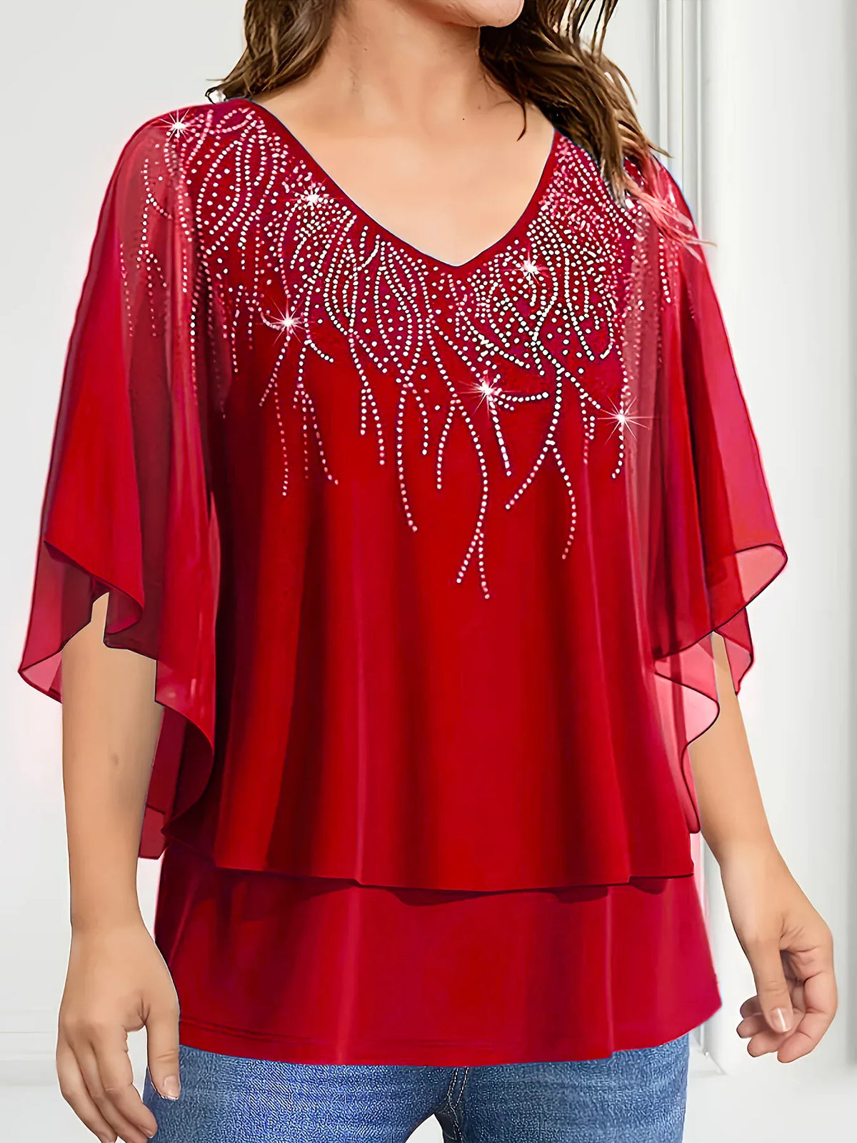 KissICON Plus Size Women's Blouse V-Neck Pullover Batwing Sleeve Sparkly Layered Shirts Blouse Women'S Clothing Casual Summer Top