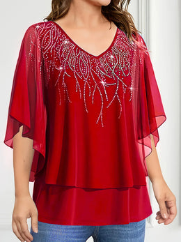 KissICON Plus Size Women's Blouse V-Neck Pullover Batwing Sleeve Sparkly Layered Shirts Blouse Women'S Clothing Casual Summer Top