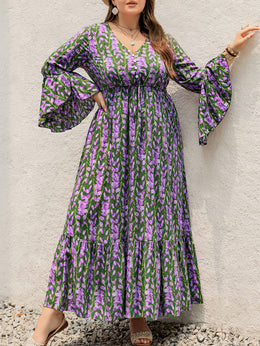 jkthpu-45 Plus Size Women's Bohemian Floral Maxi Dress – V-Neck, Long Sleeves & Belted Waist, Navy Blue with Orange and White Flowers, Pleated Hem, Spring, Summer & Fall