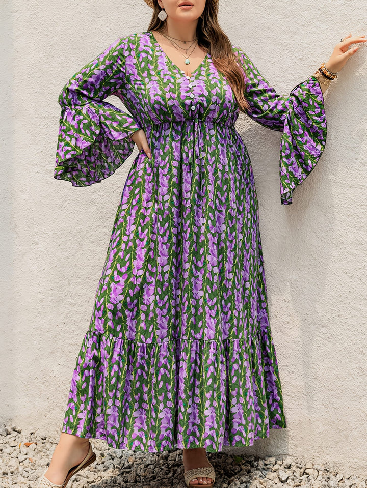 Plus Size Women's Bohemian Floral Maxi Dress – V-Neck, Long Sleeves & Belted Waist, Navy Blue with Orange and White Flowers, Pleated Hem, Spring, Summer & Fall
