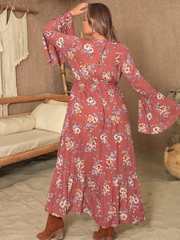 jkthpu-45 Plus Size Women's Bohemian Floral Maxi Dress – V-Neck, Long Sleeves & Belted Waist, Navy Blue with Orange and White Flowers, Pleated Hem, Spring, Summer & Fall