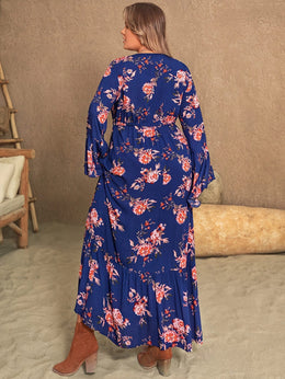 jkthpu-45 Plus Size Women's Bohemian Floral Maxi Dress – V-Neck, Long Sleeves & Belted Waist, Navy Blue with Orange and White Flowers, Pleated Hem, Spring, Summer & Fall