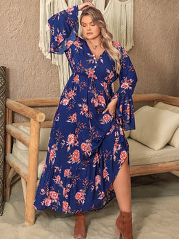 jkthpu-45 Plus Size Women's Bohemian Floral Maxi Dress – V-Neck, Long Sleeves & Belted Waist, Navy Blue with Orange and White Flowers, Pleated Hem, Spring, Summer & Fall