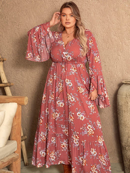 jkthpu-45 Plus Size Women's Bohemian Floral Maxi Dress – V-Neck, Long Sleeves & Belted Waist, Navy Blue with Orange and White Flowers, Pleated Hem, Spring, Summer & Fall