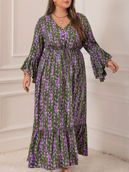 jkthpu-45 Plus Size Women's Bohemian Floral Maxi Dress – V-Neck, Long Sleeves & Belted Waist, Navy Blue with Orange and White Flowers, Pleated Hem, Spring, Summer & Fall