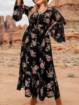 jkthpu-45 Plus Size Women's Bohemian Floral Maxi Dress – V-Neck, Long Sleeves & Belted Waist, Navy Blue with Orange and White Flowers, Pleated Hem, Spring, Summer & Fall
