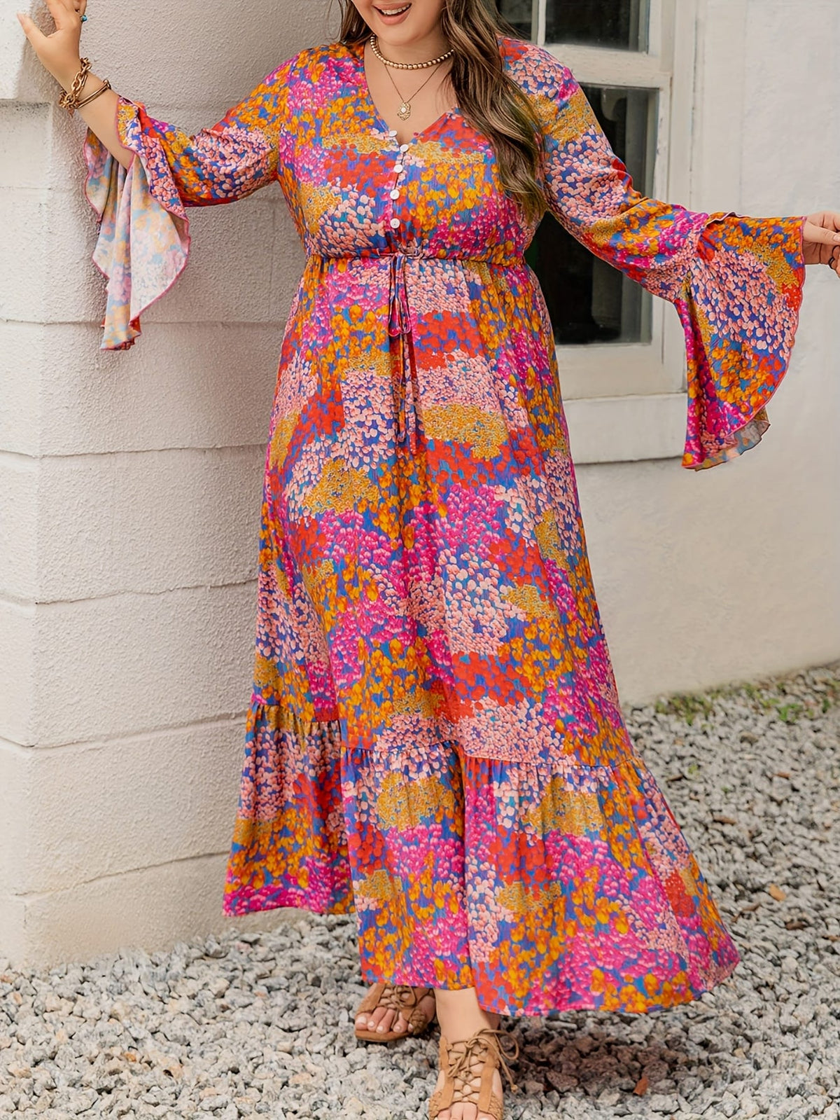 jkthpu-45 Plus Size Women's Bohemian Floral Maxi Dress – V-Neck, Long Sleeves & Belted Waist, Navy Blue with Orange and White Flowers, Pleated Hem, Spring, Summer & Fall