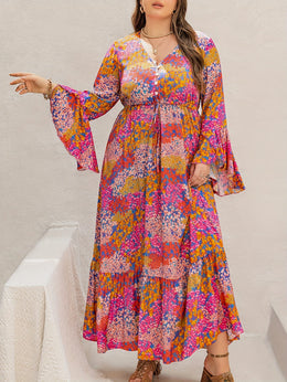 jkthpu-45 Plus Size Women's Bohemian Floral Maxi Dress – V-Neck, Long Sleeves & Belted Waist, Navy Blue with Orange and White Flowers, Pleated Hem, Spring, Summer & Fall