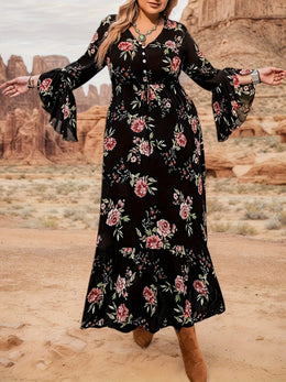 jkthpu-45 Plus Size Women's Bohemian Floral Maxi Dress – V-Neck, Long Sleeves & Belted Waist, Navy Blue with Orange and White Flowers, Pleated Hem, Spring, Summer & Fall
