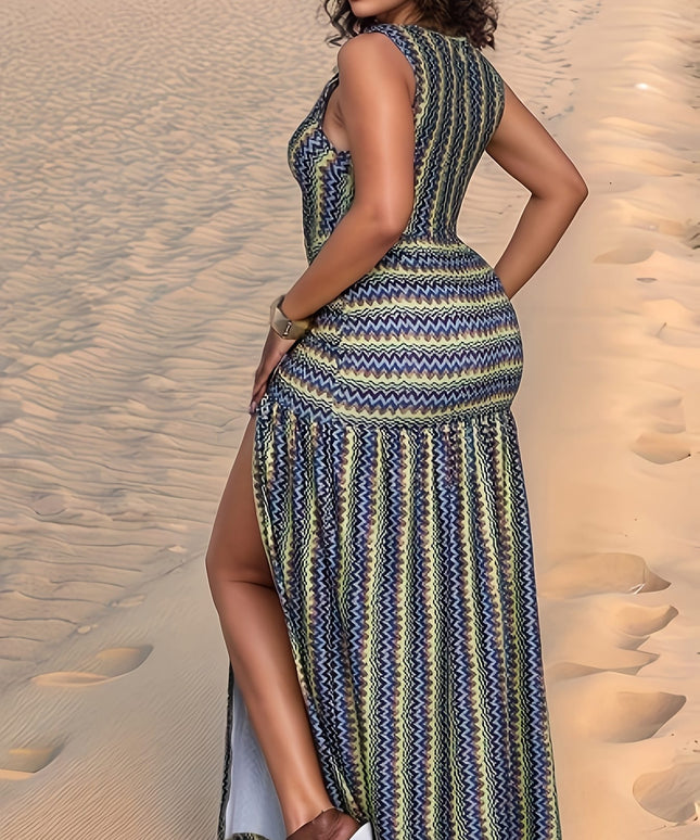 jkthpu-45 Plus Size, Women's Bohemian V-Neck Asymmetrical Slit Maxi Dress with Geometric Print - Lightweight Breathable A-Line Beach Dress for Weddings, Beer Festivals & Summer Vacations, Machine Washable Green Blue Golden Black White Casual Resort Wear