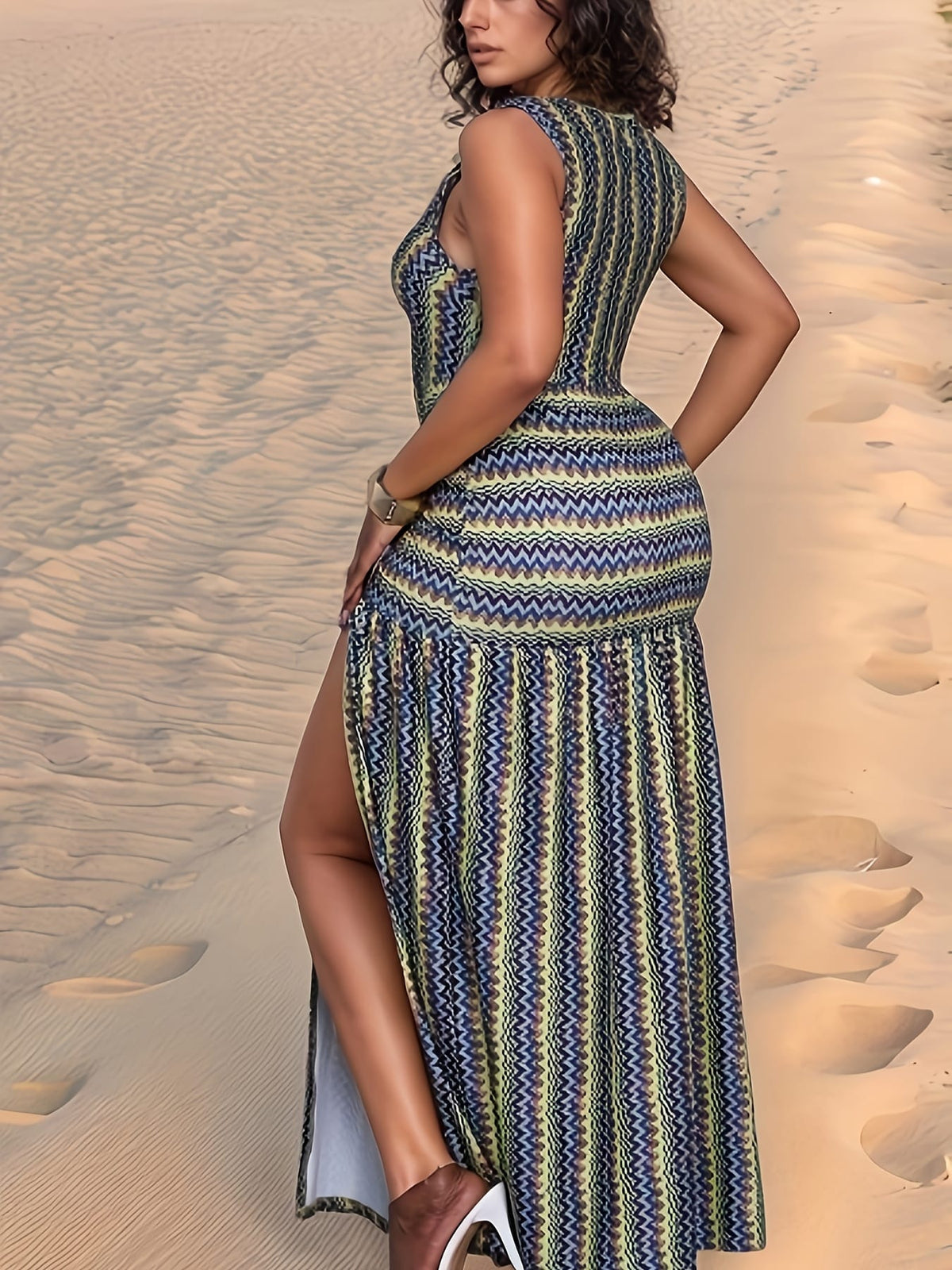 jkthpu-45 Plus Size, Women's Bohemian V-Neck Asymmetrical Slit Maxi Dress with Geometric Print - Lightweight Breathable A-Line Beach Dress for Weddings, Beer Festivals & Summer Vacations, Machine Washable Green Blue Golden Black White Casual Resort Wear