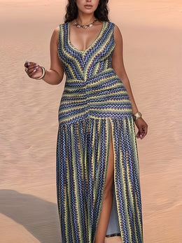 jkthpu-45 Plus Size, Women's Bohemian V-Neck Asymmetrical Slit Maxi Dress with Geometric Print - Lightweight Breathable A-Line Beach Dress for Weddings, Beer Festivals & Summer Vacations, Machine Washable Green Blue Golden Black White Casual Resort Wear