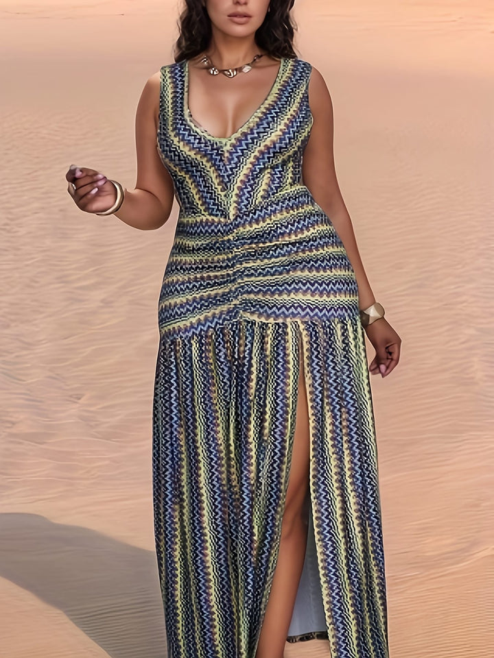 Plus Size, Women's Bohemian V-Neck Asymmetrical Slit Maxi Dress with Geometric Print - Lightweight Breathable A-Line Beach Dress for Weddings, Beer Festivals & Summer Vacations, Machine Washable Green Blue Golden Black White Casual Resort Wear