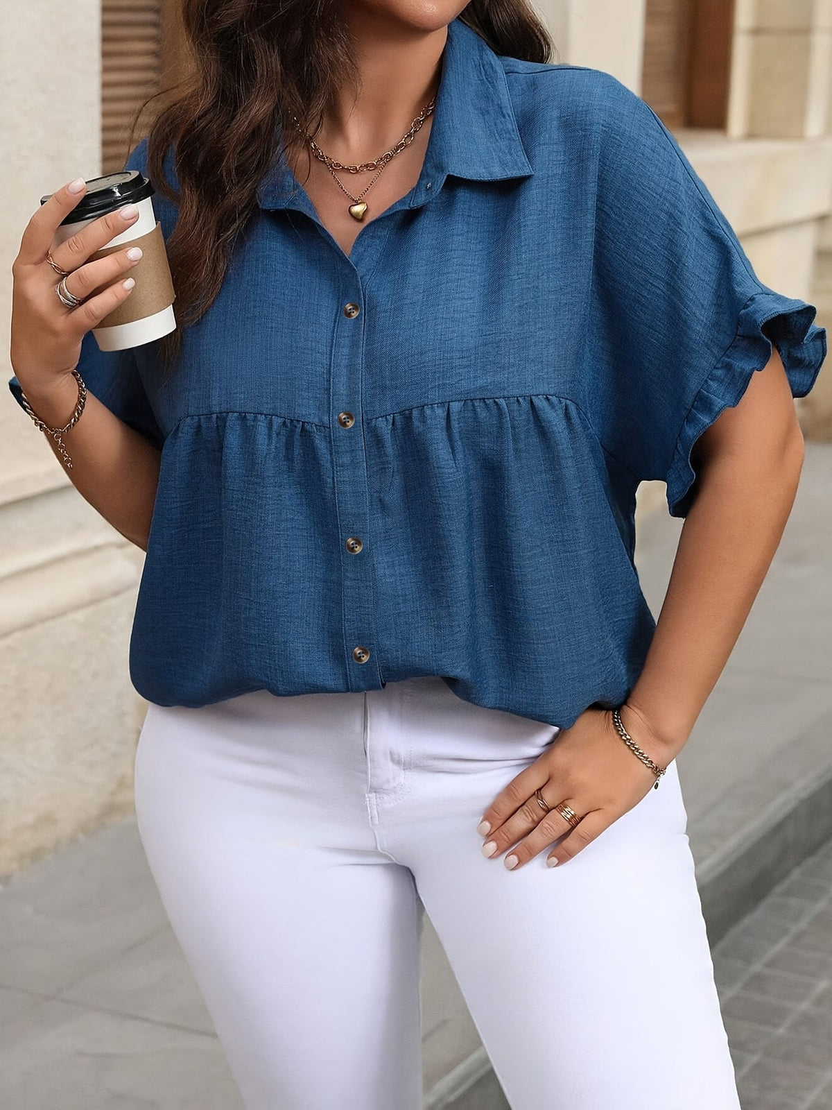 KissICON Plus Size Women'S Button-Up Shirt, Stylish Short-Sleeve Collared Top for Summer Office Wear.
