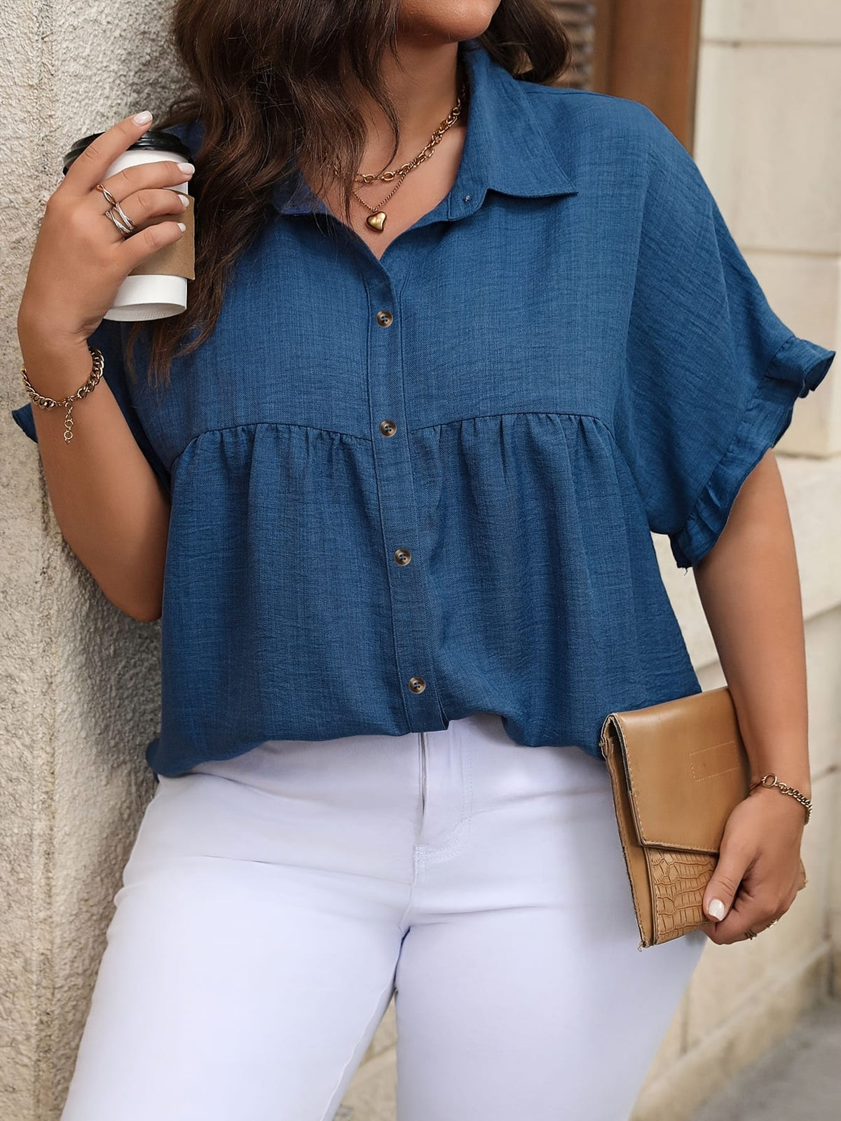 KissICON Plus Size Women'S Button-Up Shirt, Stylish Short-Sleeve Collared Top for Summer Office Wear.