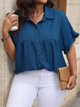 KissICON Plus Size Women'S Button-Up Shirt, Stylish Short-Sleeve Collared Top for Summer Office Wear.