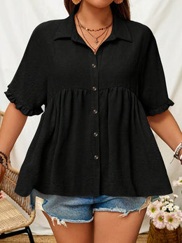 KissICON Plus Size Women'S Button-Up Shirt, Stylish Short-Sleeve Collared Top for Summer Office Wear.