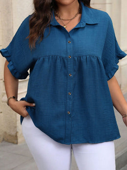 KissICON Plus Size Women'S Button-Up Shirt, Stylish Short-Sleeve Collared Top for Summer Office Wear.