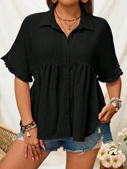 KissICON Plus Size Women'S Button-Up Shirt, Stylish Short-Sleeve Collared Top for Summer Office Wear.