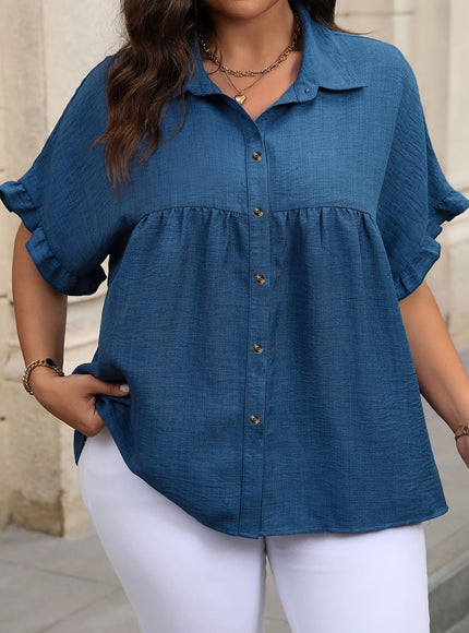 KissICON Plus Size Women'S Button-Up Shirt, Stylish Short-Sleeve Collared Top for Summer Office Wear.